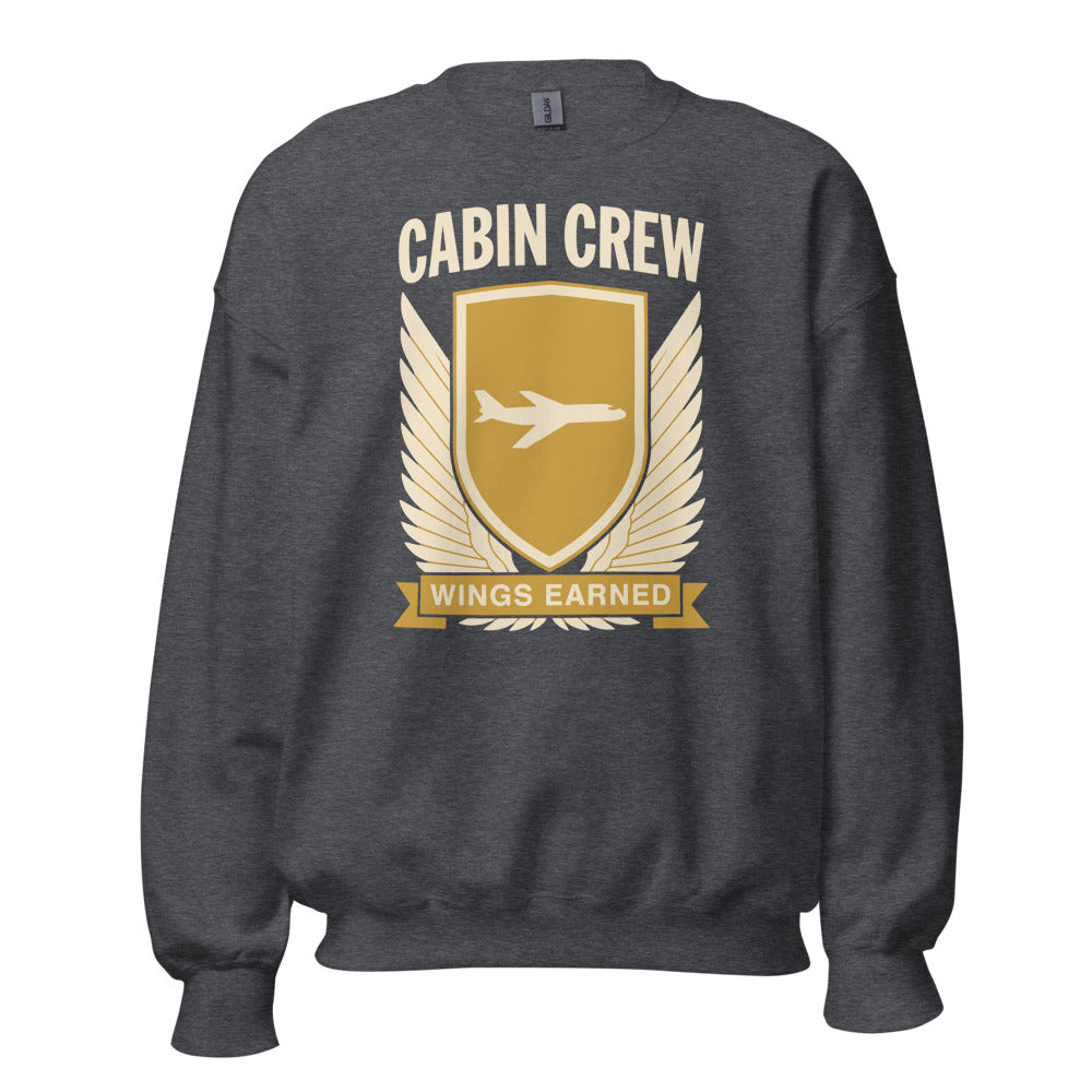 Wings Earned flight attendant crewneck sweatshirt — Dark Heather, front