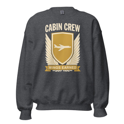 Wings Earned flight attendant crewneck sweatshirt — Dark Heather, front