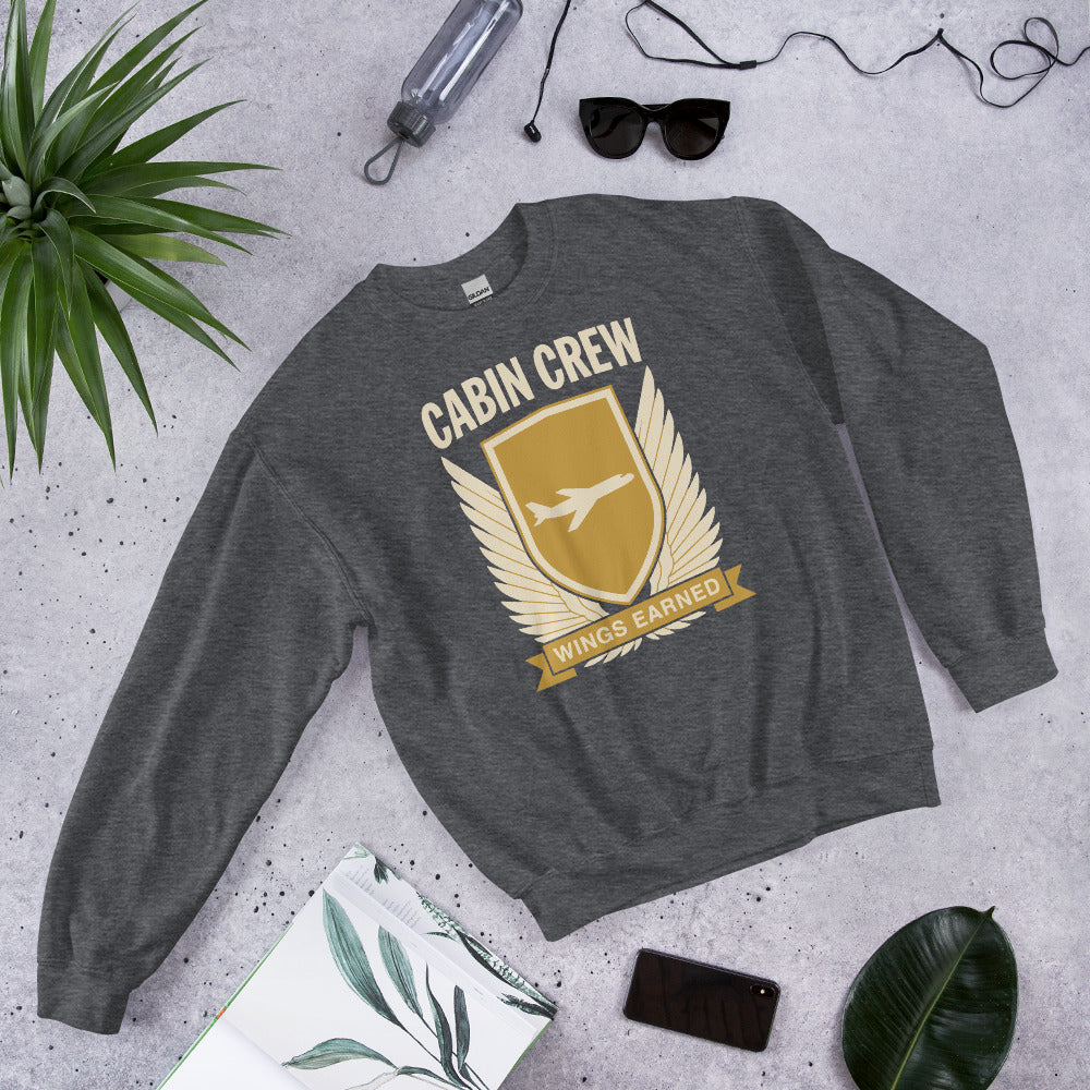 Wings Earned flight attendant crewneck sweatshirt — Dark Heather, flat lay