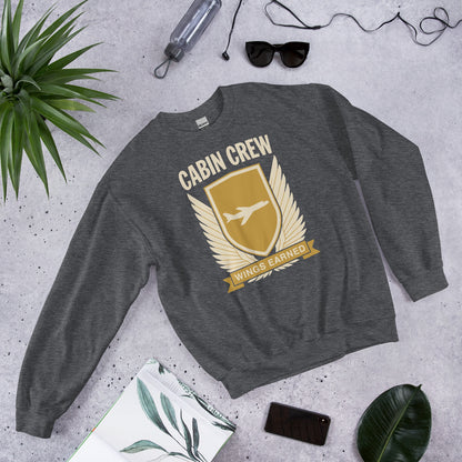 Wings Earned flight attendant crewneck sweatshirt — Dark Heather, flat lay