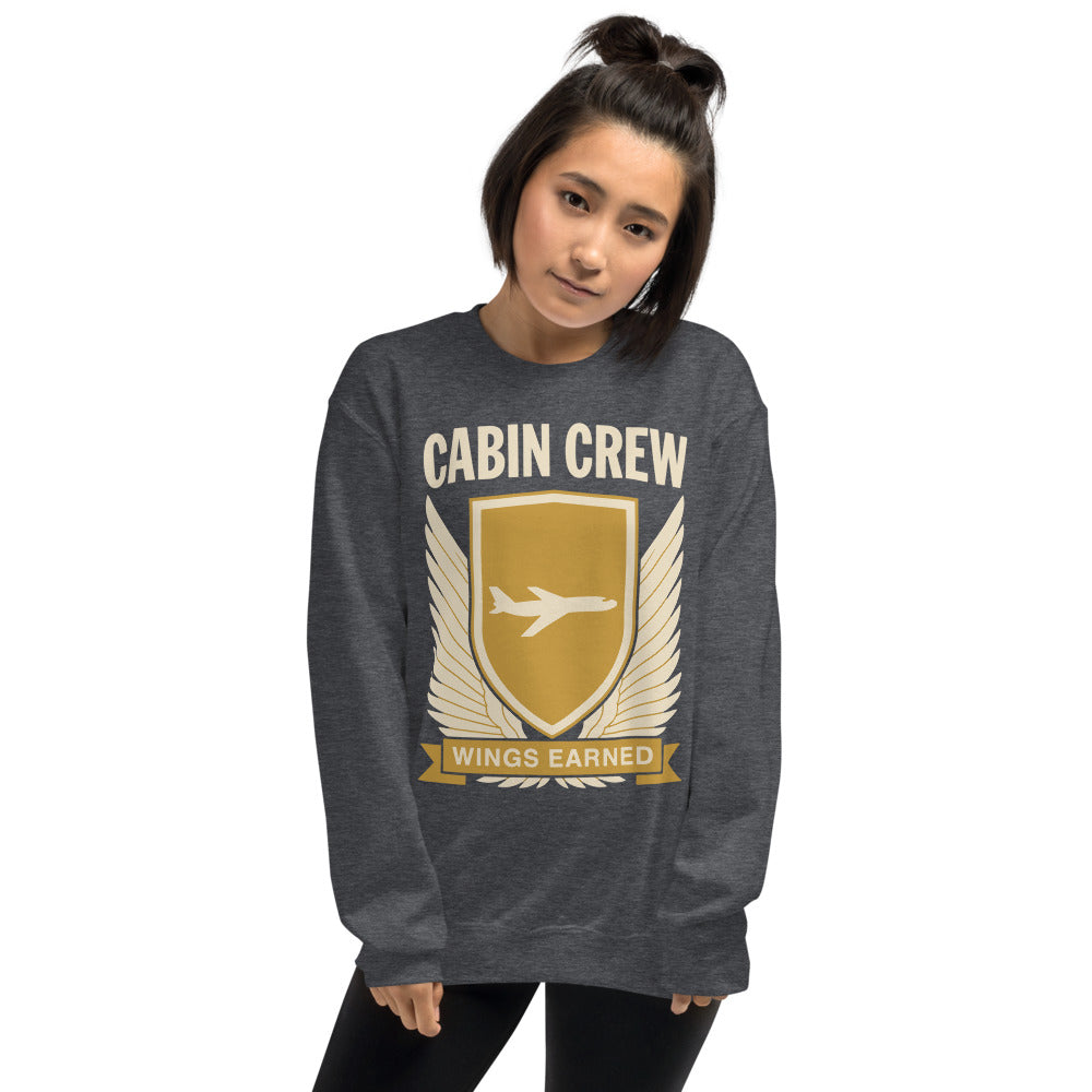 Wings Earned flight attendant crewneck sweatshirt — Dark Heather, on model
