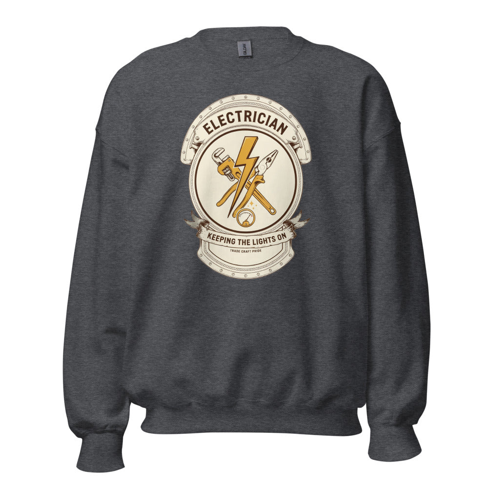 Electrician Journeyman trade crest crewneck — Dark Heather, front