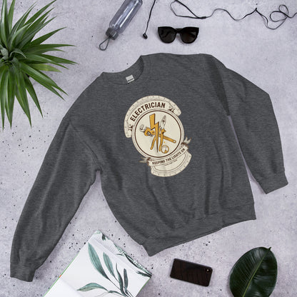 Electrician Journeyman trade crest crewneck — Dark Heather, flat lay