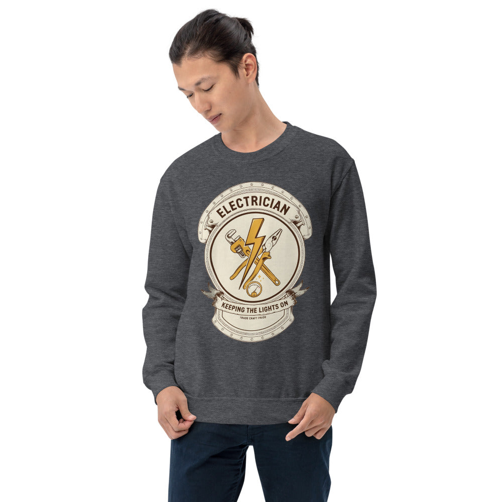 Electrician Journeyman trade crest crewneck — Dark Heather, on model