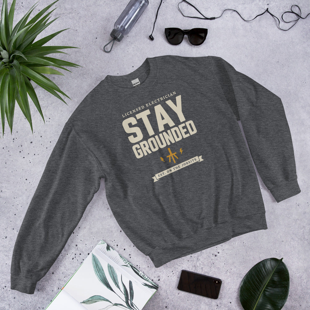 Stay Grounded funny electrician crewneck — Dark Heather, flat lay