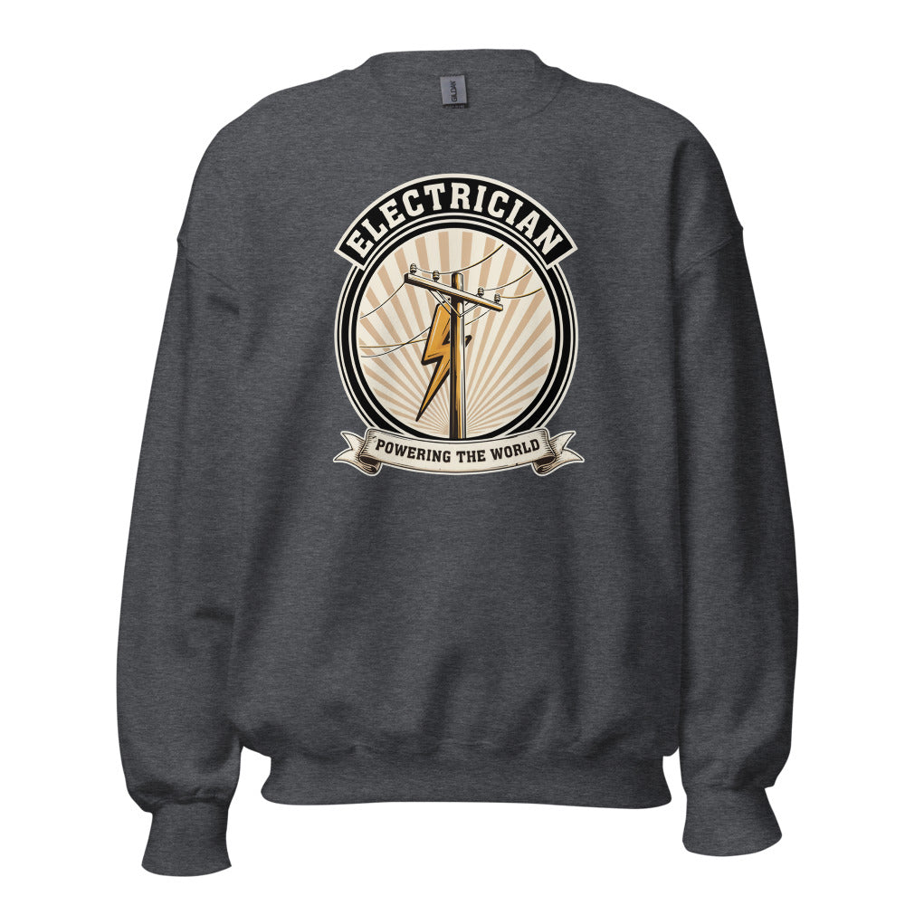 Powering The World electrician emblem crewneck — Dark Heather, front