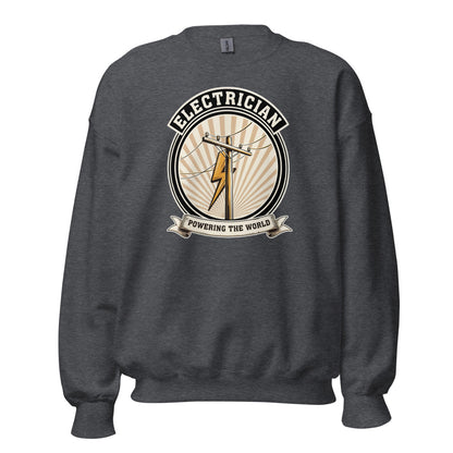Powering The World electrician emblem crewneck — Dark Heather, front