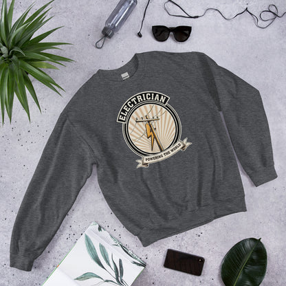 Powering The World electrician emblem crewneck — Dark Heather, flat lay