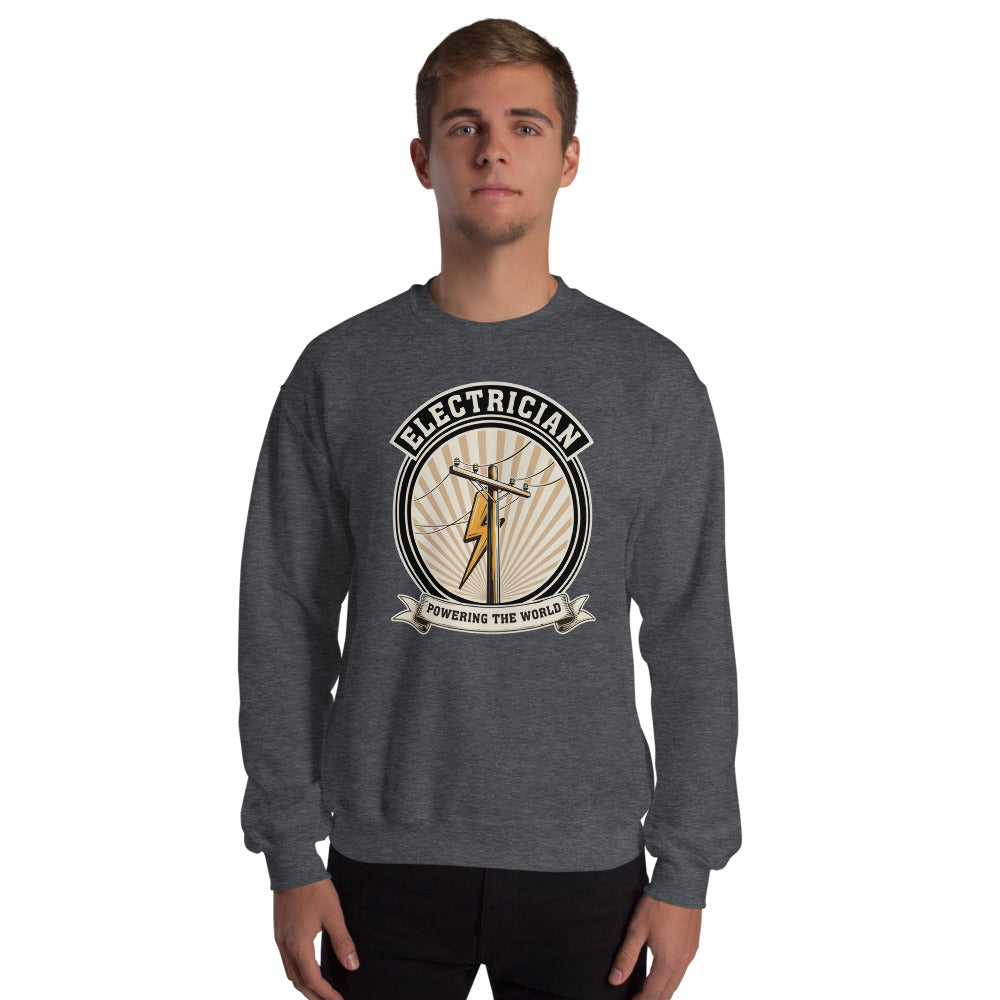 Powering The World electrician emblem crewneck — Dark Heather, on model