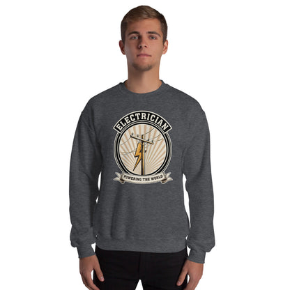 Powering The World electrician emblem crewneck — Dark Heather, on model