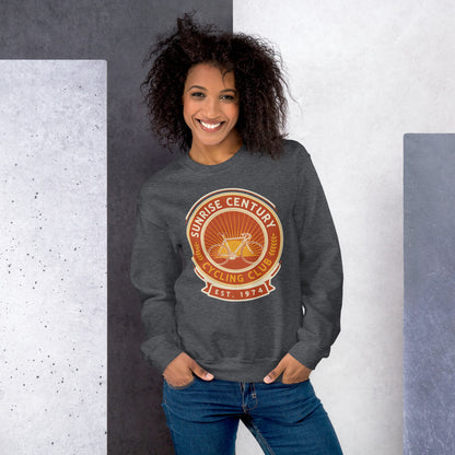Sunrise Century C.C. retro cycling club badge crewneck — Dark Heather, on model