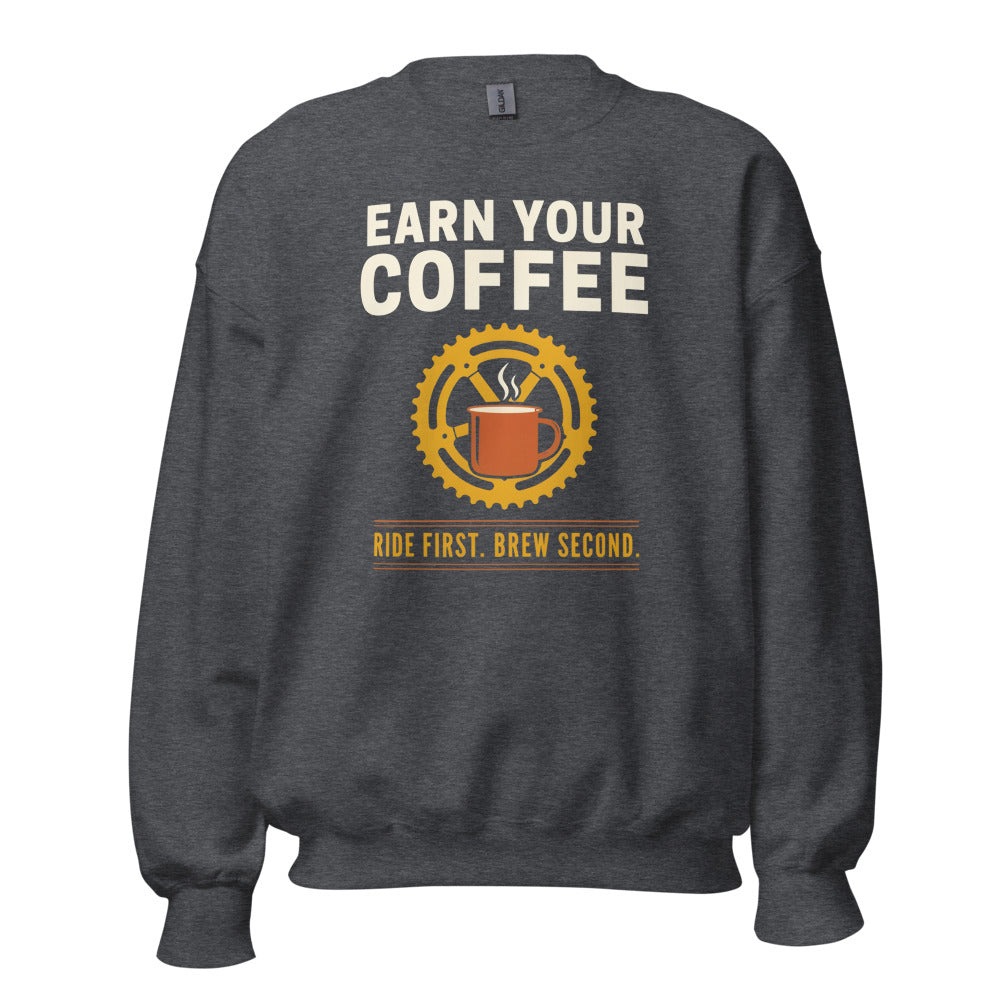 Earn Your Coffee retro cycling coffee crewneck — Dark Heather, front