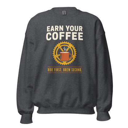 Earn Your Coffee retro cycling coffee crewneck — Dark Heather, front