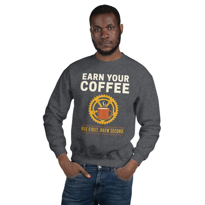 Earn Your Coffee retro cycling coffee crewneck — Dark Heather, on model