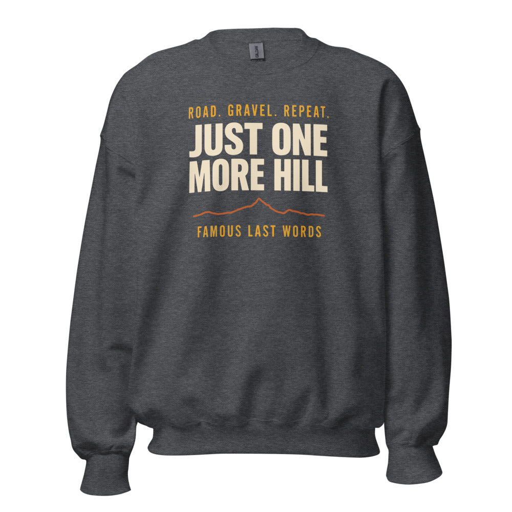 Just One More Hill retro cycling climb crewneck — Dark Heather, front