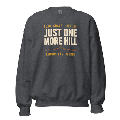 Just One More Hill retro cycling climb crewneck — Dark Heather, front
