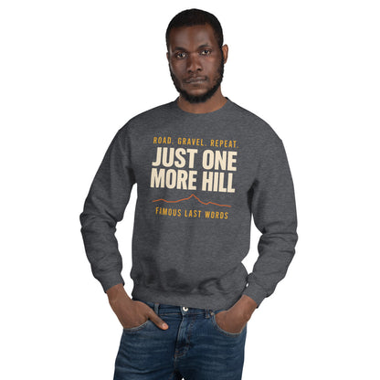 Just One More Hill retro cycling climb crewneck — Dark Heather, on model