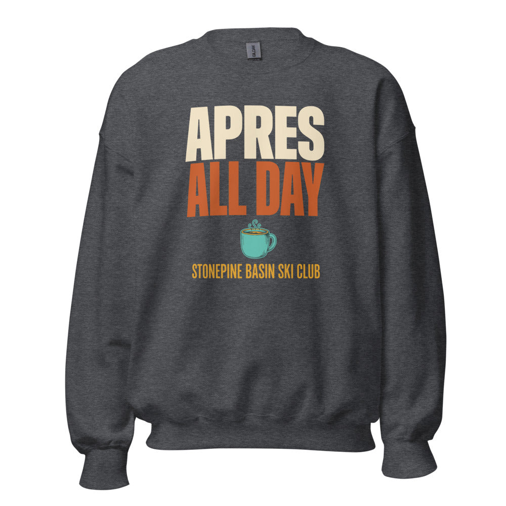 Après All Day Stonepine Basin Ski Club retro apres-ski crewneck sweatshirt — Dark Heather, front