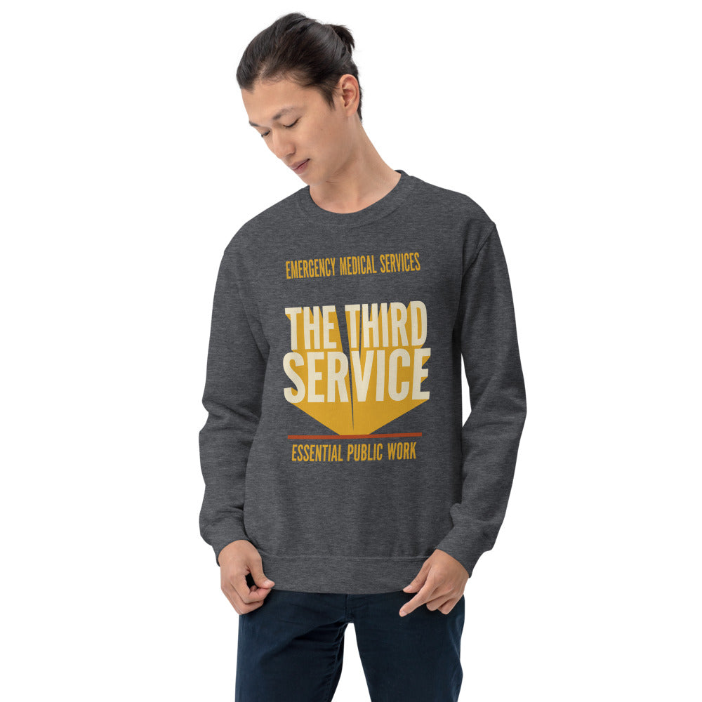 The Third Service EMS crewneck sweatshirt — Dark Heather, on model
