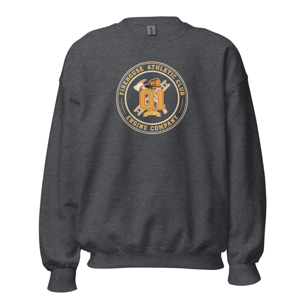 Firehouse Athletic Club retro firefighter emblem crewneck sweatshirt — Dark Heather, front