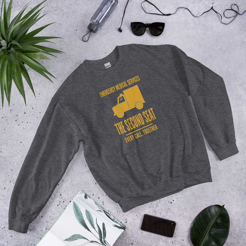 The Second Seat EMS paramedic crewneck — Dark Heather, flat lay
