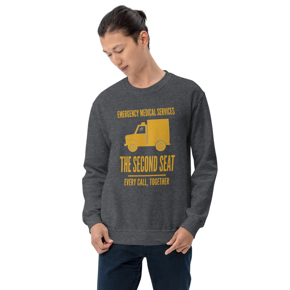 The Second Seat EMS paramedic crewneck — Dark Heather, on model