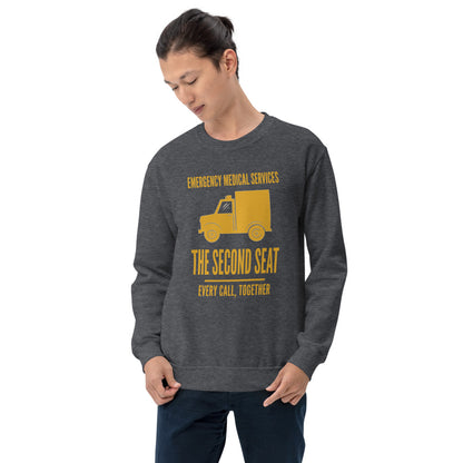 The Second Seat EMS paramedic crewneck — Dark Heather, on model