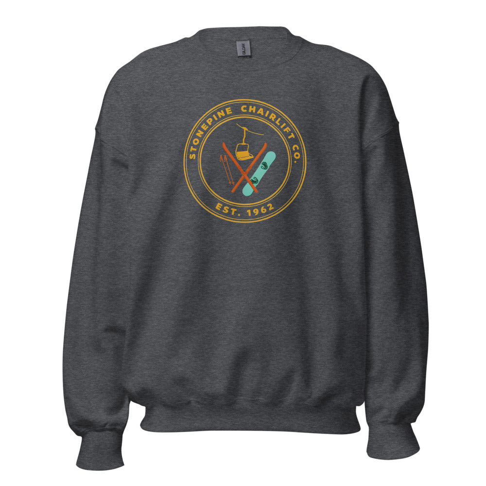 Stonepine Chairlift Co. retro vintage ski club badge crewneck sweatshirt — Dark Heather, front