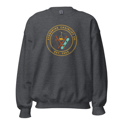 Stonepine Chairlift Co. retro vintage ski club badge crewneck sweatshirt — Dark Heather, front