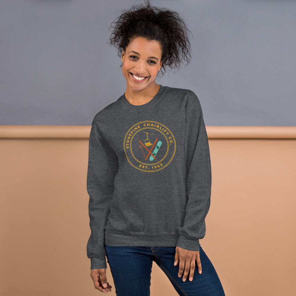 Stonepine Chairlift Co. retro vintage ski club badge crewneck sweatshirt — Dark Heather, on model