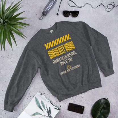 Confidently Wrong AI hazard-label crewneck sweatshirt — Dark Heather, flat lay