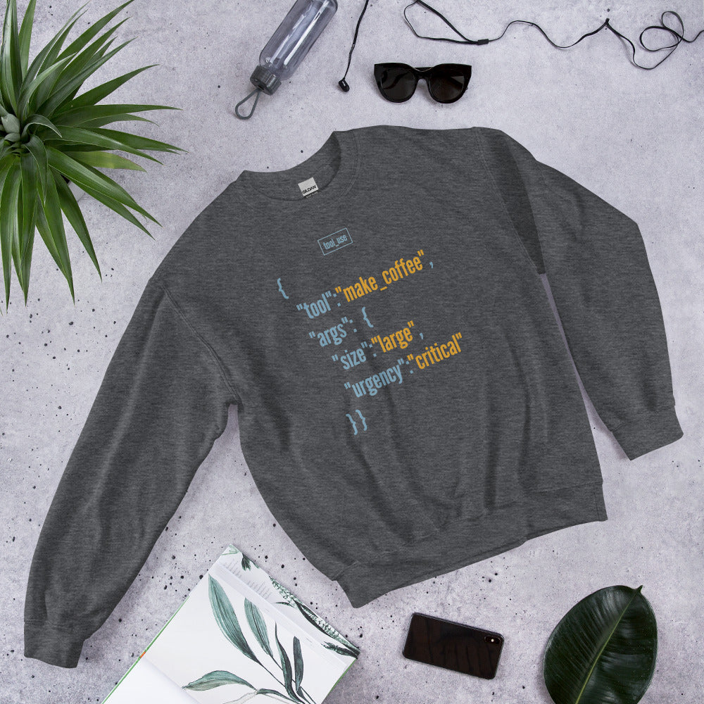 Tool Call Make Coffee AI engineer crewneck sweatshirt — Dark Heather, flat lay