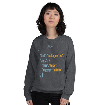 Tool Call Make Coffee AI engineer crewneck sweatshirt — Dark Heather, on model