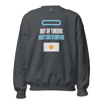 Insert Coin To Continue out of tokens crewneck sweatshirt — Dark Heather, front