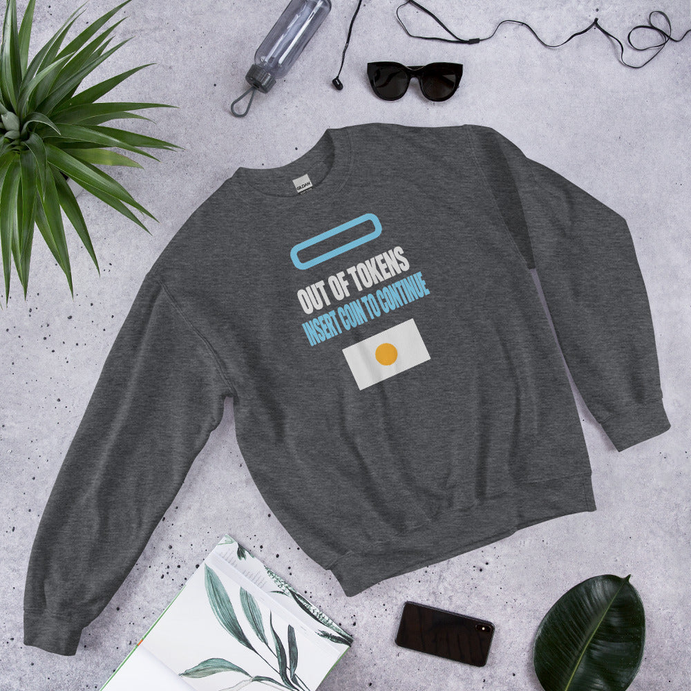 Insert Coin To Continue out of tokens crewneck sweatshirt — Dark Heather, flat lay