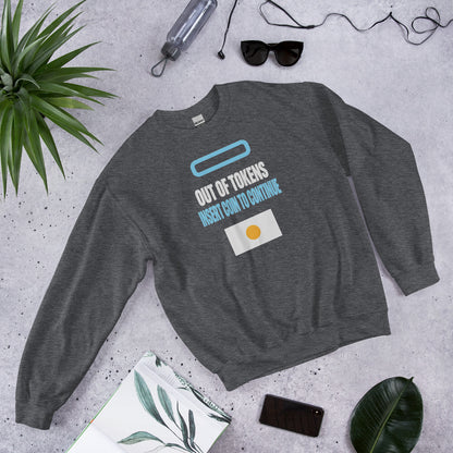 Insert Coin To Continue out of tokens crewneck sweatshirt — Dark Heather, flat lay