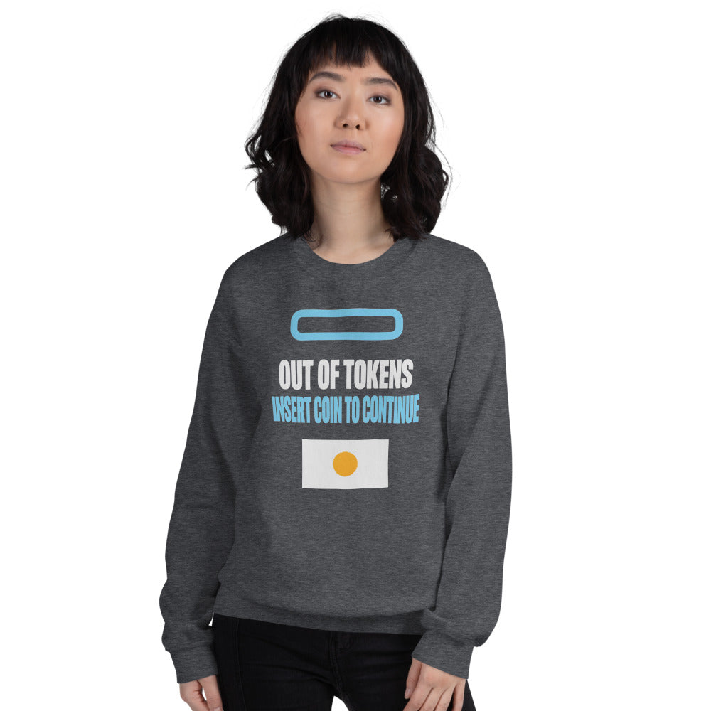 Insert Coin To Continue out of tokens crewneck sweatshirt — Dark Heather, on model