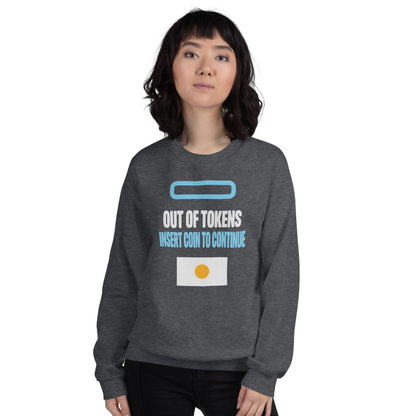 Insert Coin To Continue out of tokens crewneck sweatshirt — Dark Heather, on model