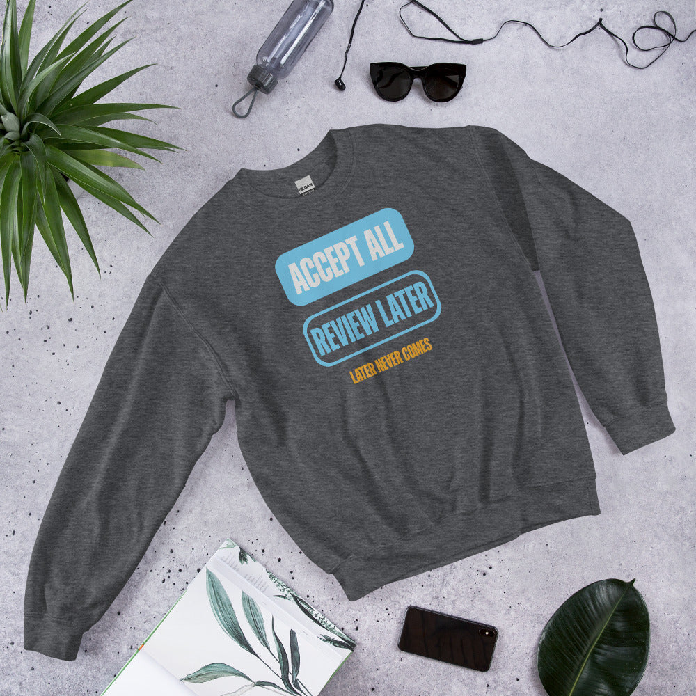Accept All Review Later crewneck sweatshirt — Dark Heather, flat lay