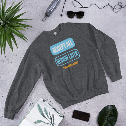 Accept All Review Later crewneck sweatshirt — Dark Heather, flat lay