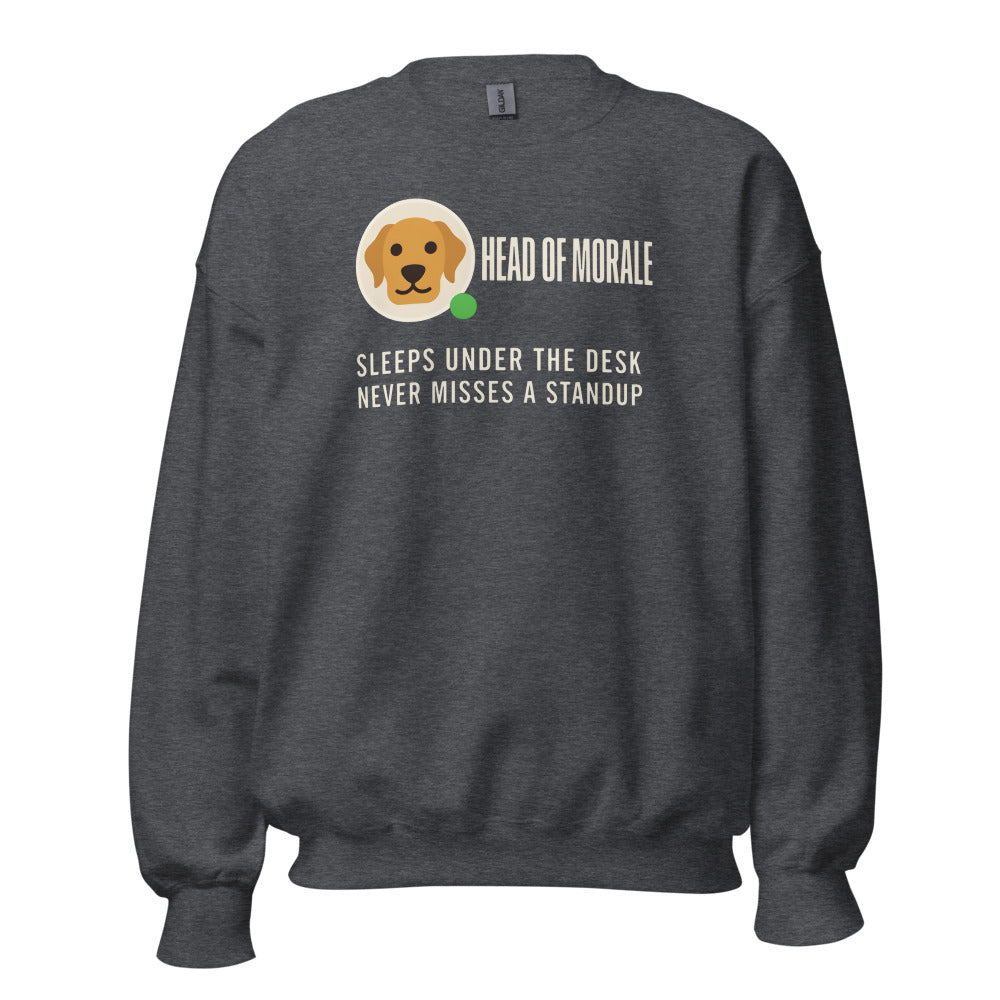 Head of Morale dog profile card crewneck sweatshirt — Dark Heather, front