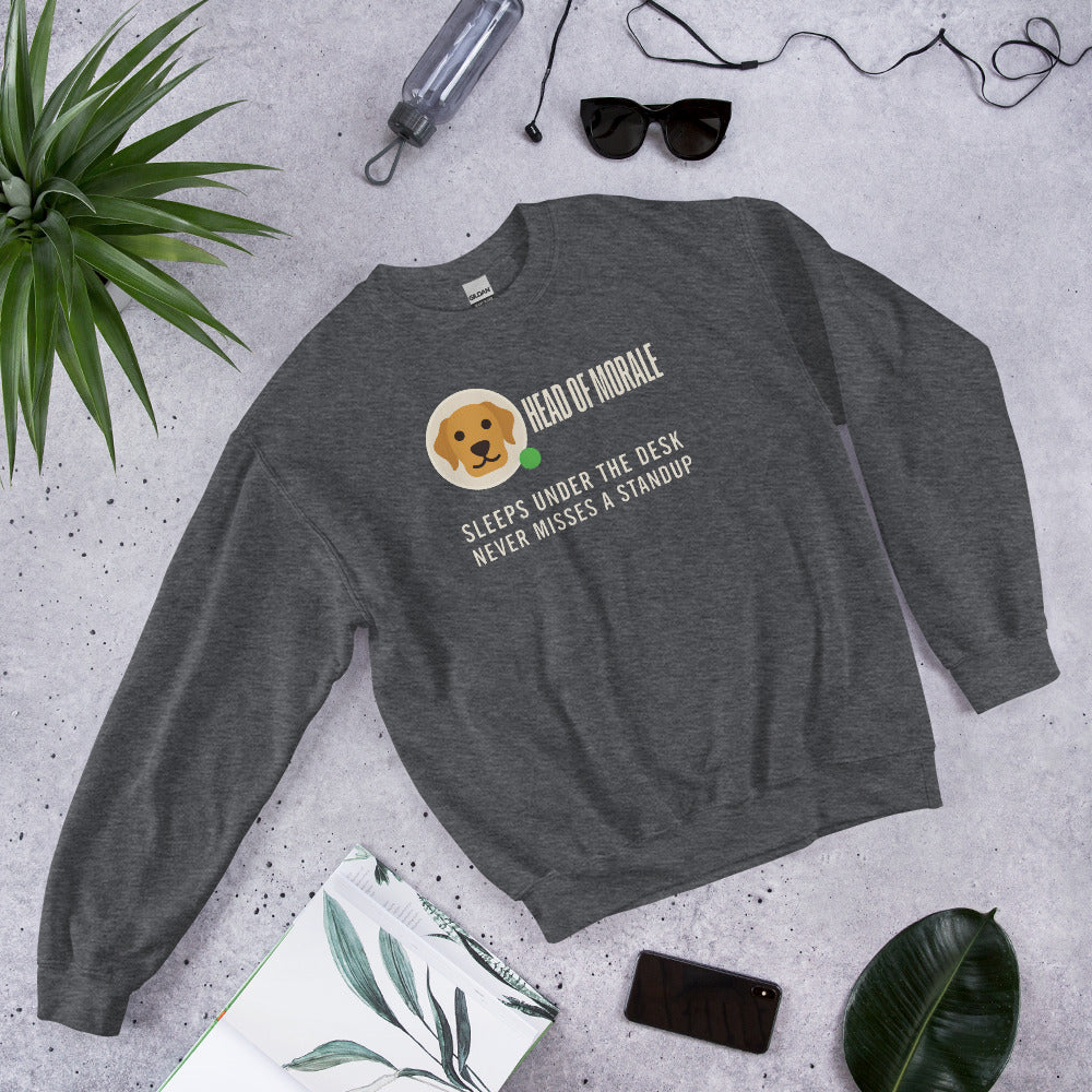 Head of Morale dog profile card crewneck sweatshirt — Dark Heather, flat lay
