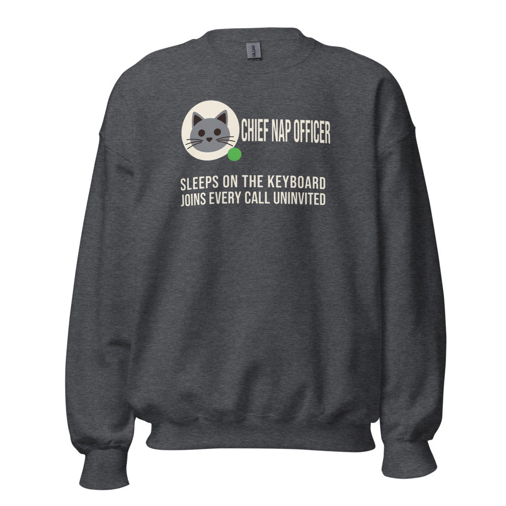 Chief Nap Officer cat profile card crewneck sweatshirt — Dark Heather, front