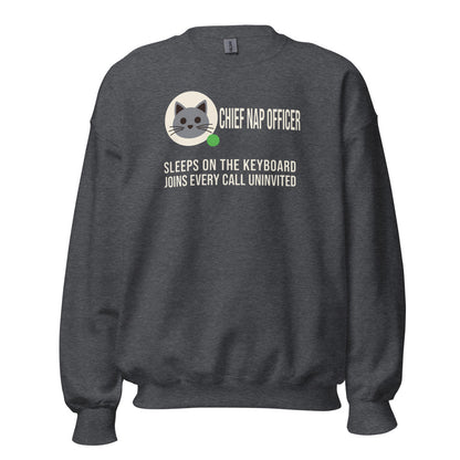 Chief Nap Officer cat profile card crewneck sweatshirt — Dark Heather, front