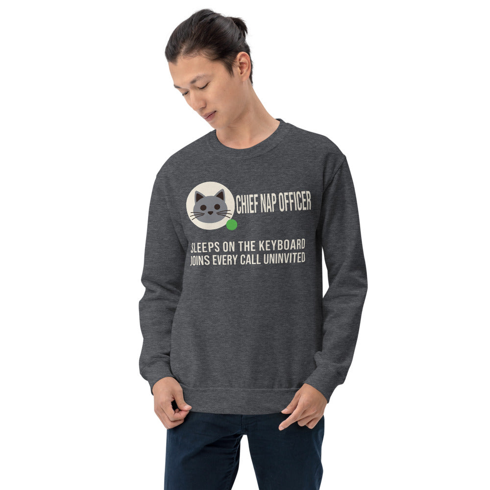 Chief Nap Officer cat profile card crewneck sweatshirt — Dark Heather, on model
