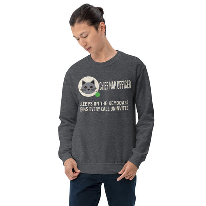 Chief Nap Officer cat profile card crewneck sweatshirt — Dark Heather, on model
