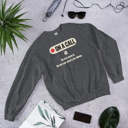 On A Call do not disturb status crewneck sweatshirt — Dark Heather, flat lay