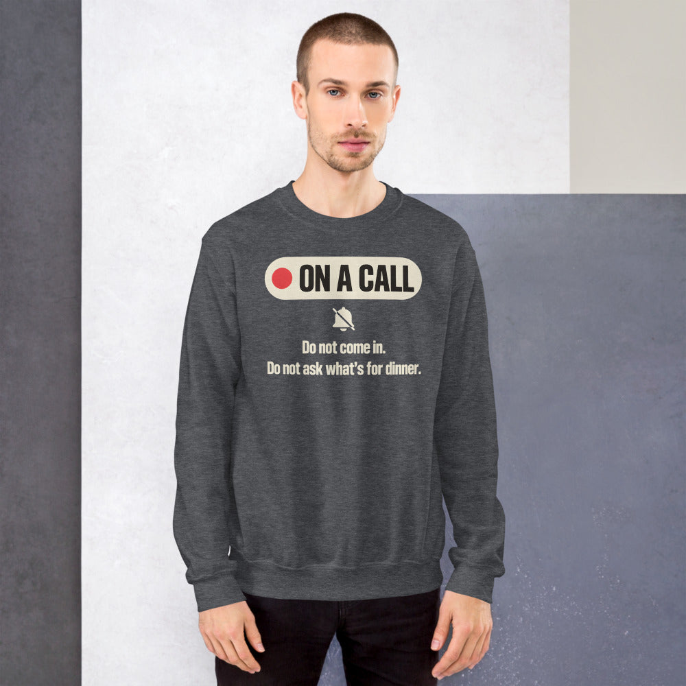On A Call do not disturb status crewneck sweatshirt — Dark Heather, on model