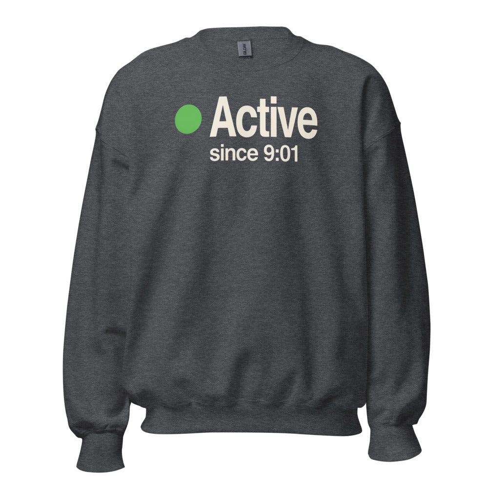 Active Since 9:01 presence status crewneck sweatshirt — Dark Heather, front