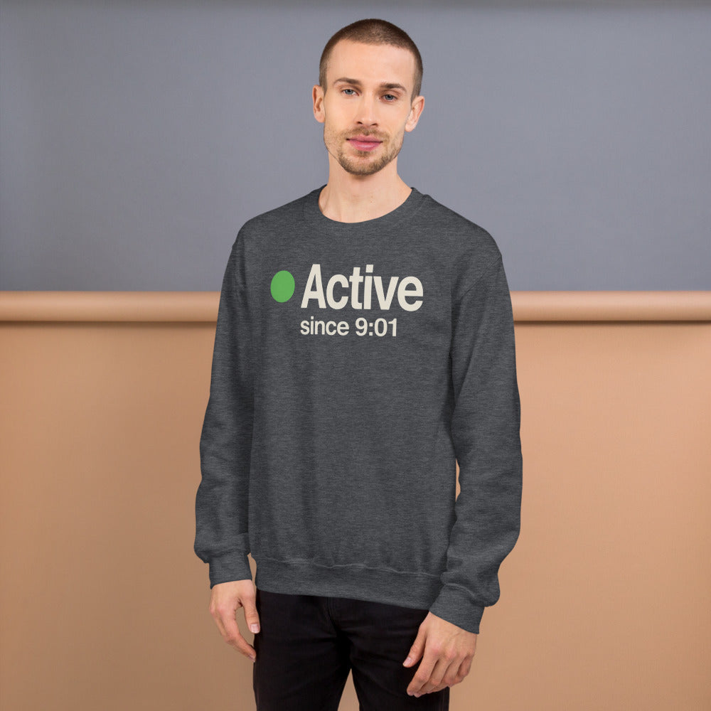 Active Since 9:01 presence status crewneck sweatshirt — Dark Heather, on model